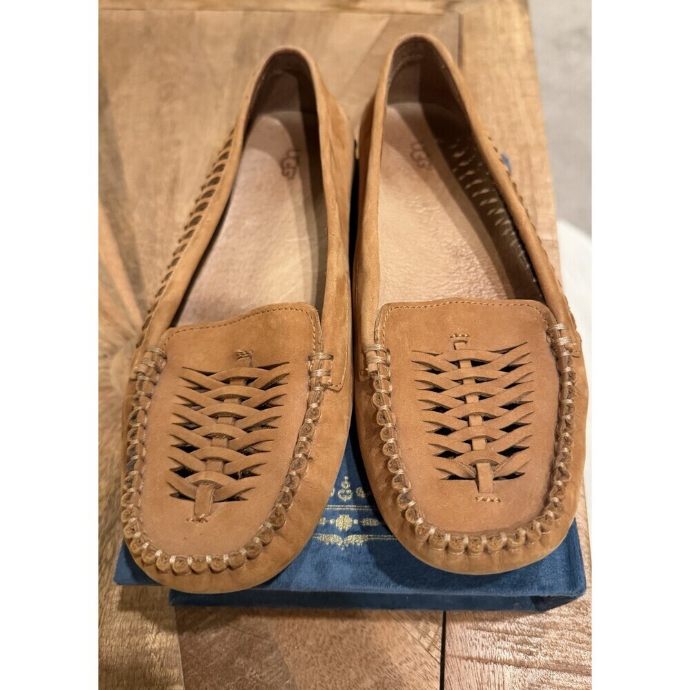 UGG Clary Womens 7.5 Brown Leather Moccasin Loafer Woven Driving Flats - Picture 3 of 10